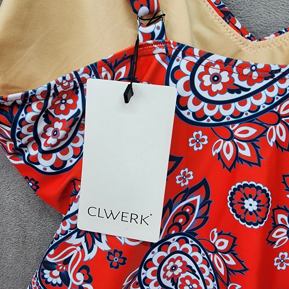 NWT Clwerk One Piece Swimsuit Women’s XL Red Blue Paisley Crossover Bathing Suit - Picture 11 of 12